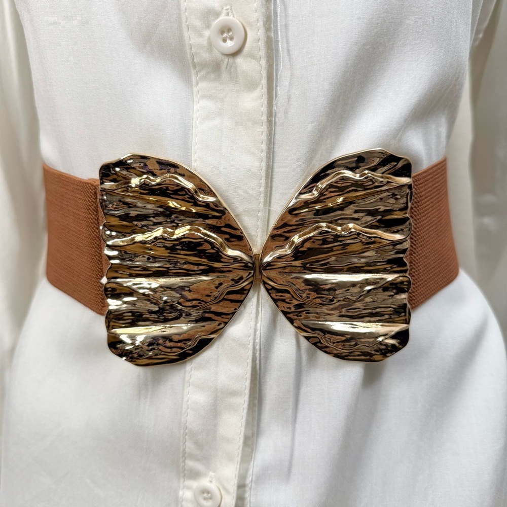 Brown elastic waistband belt with gold tone butterfly buckle